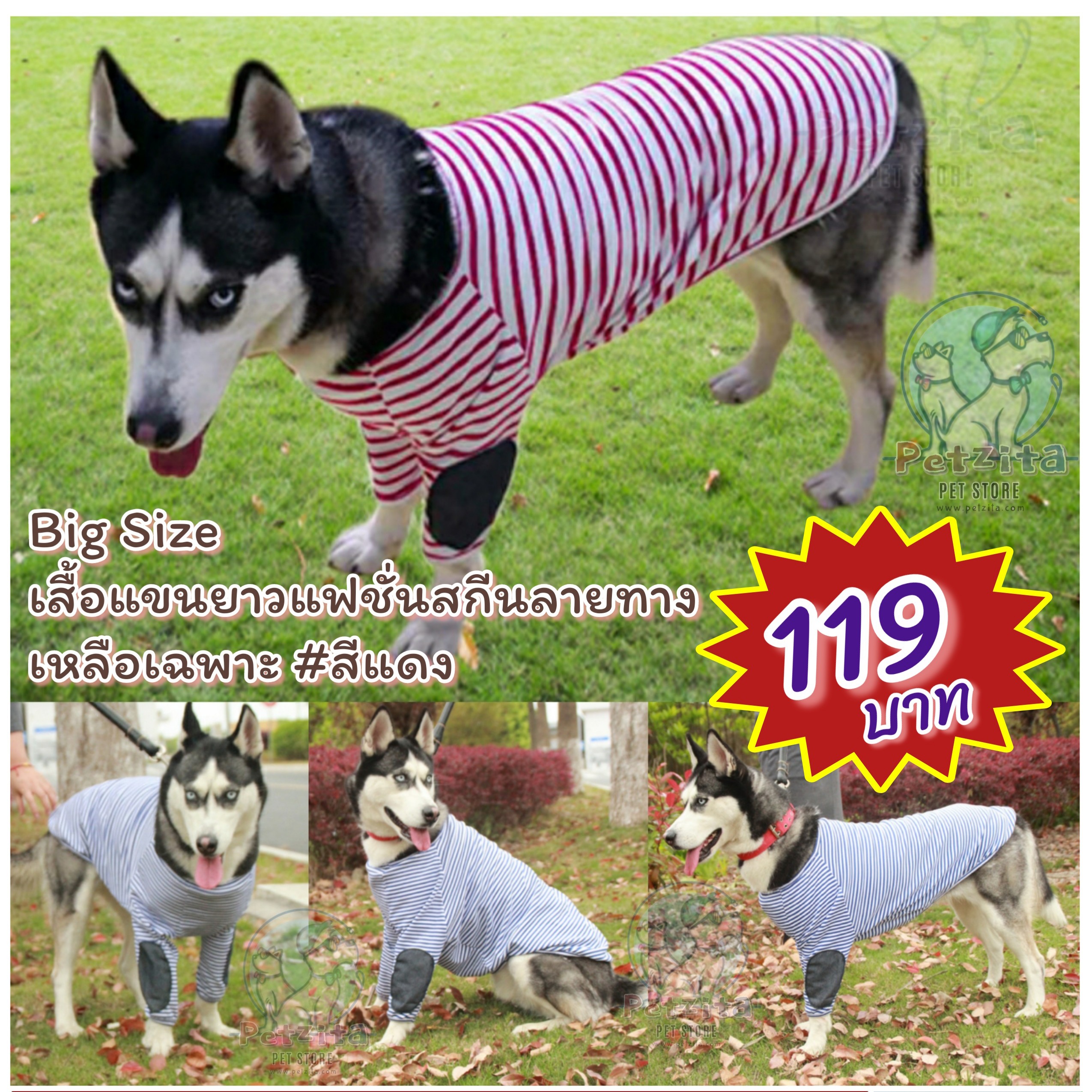 🇹🇭พร้อมส่ง🇹🇭 #BIGSIZE เสื้อแขนยาวลายทาง (สีแดง) #เสื้อสุนัขพันธุ์ใหญ่ 🐶🐕 สำเนา สำเนา