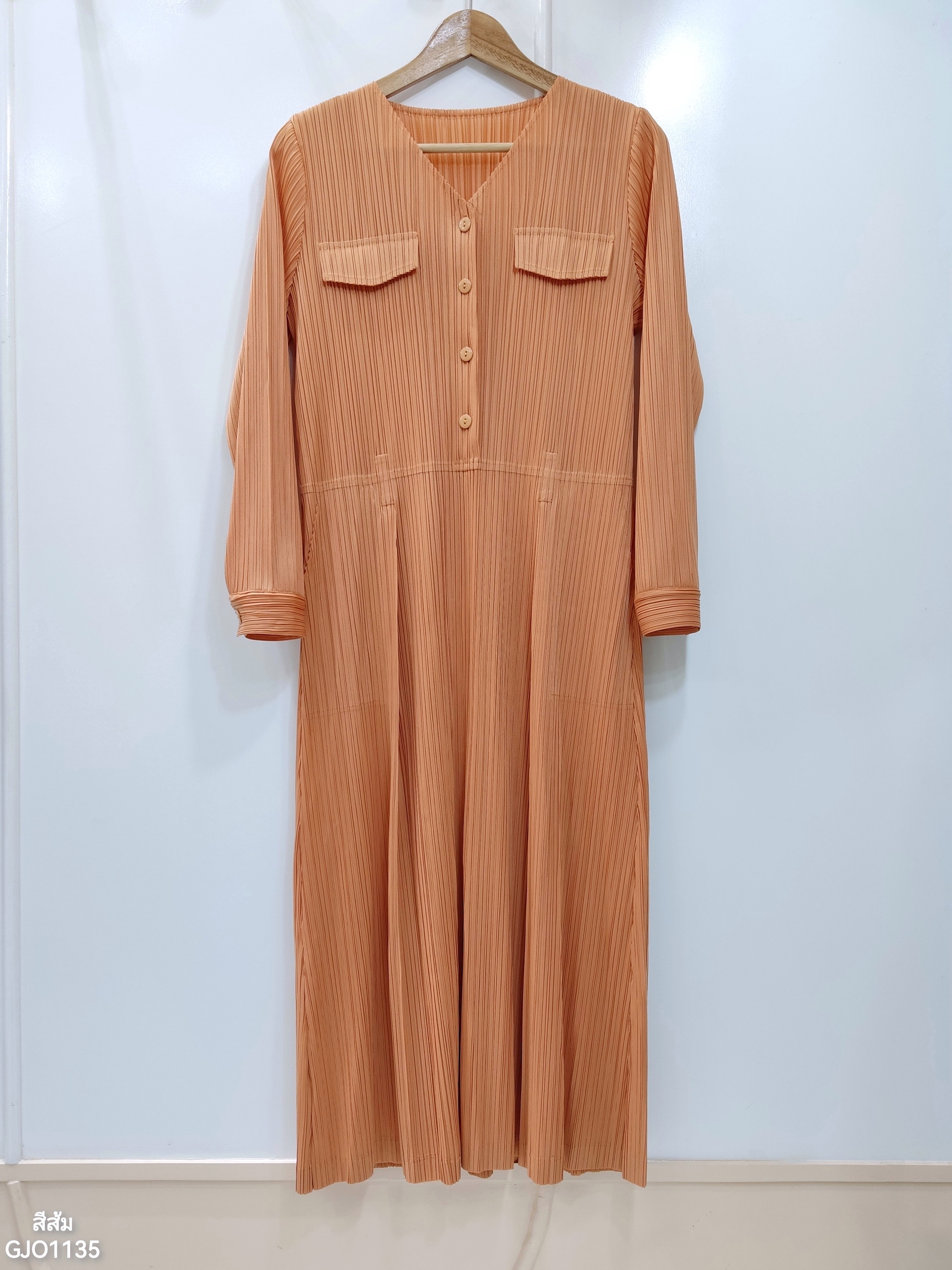 2MUAY รุ่น GJO1135 เดรสพลีทคุณภาพ V NECK LONG SLEEVE PLEATED DRESS 8 สี FREE SIZE