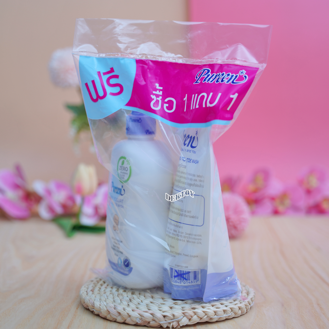 1แถม1 สบู่เหลวอาบสระผมเด็ก Pureen เพียวรีน เบบี้โยเกิร์ตเฮดทูโทวอช 500แถม 400 มล.(ปั๊มแถมถุง)