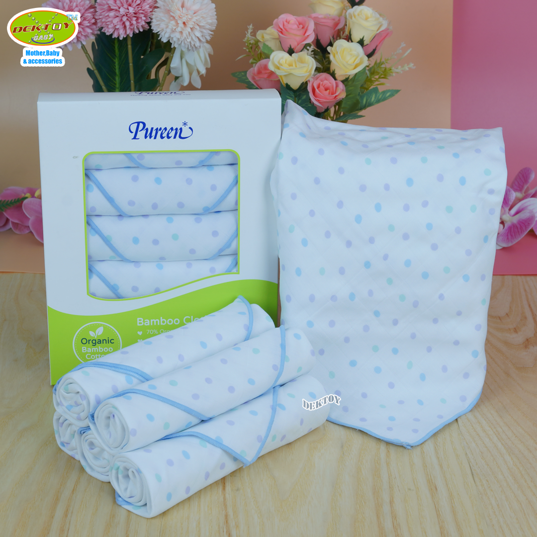 Pureen เพียวรีน ผ้าอ้อมเยื่อไผ่เพียวรีน สีฟ้า 29 x 29 นิ้ว 6 ผืน Organic Bamboo Cloth Diaper