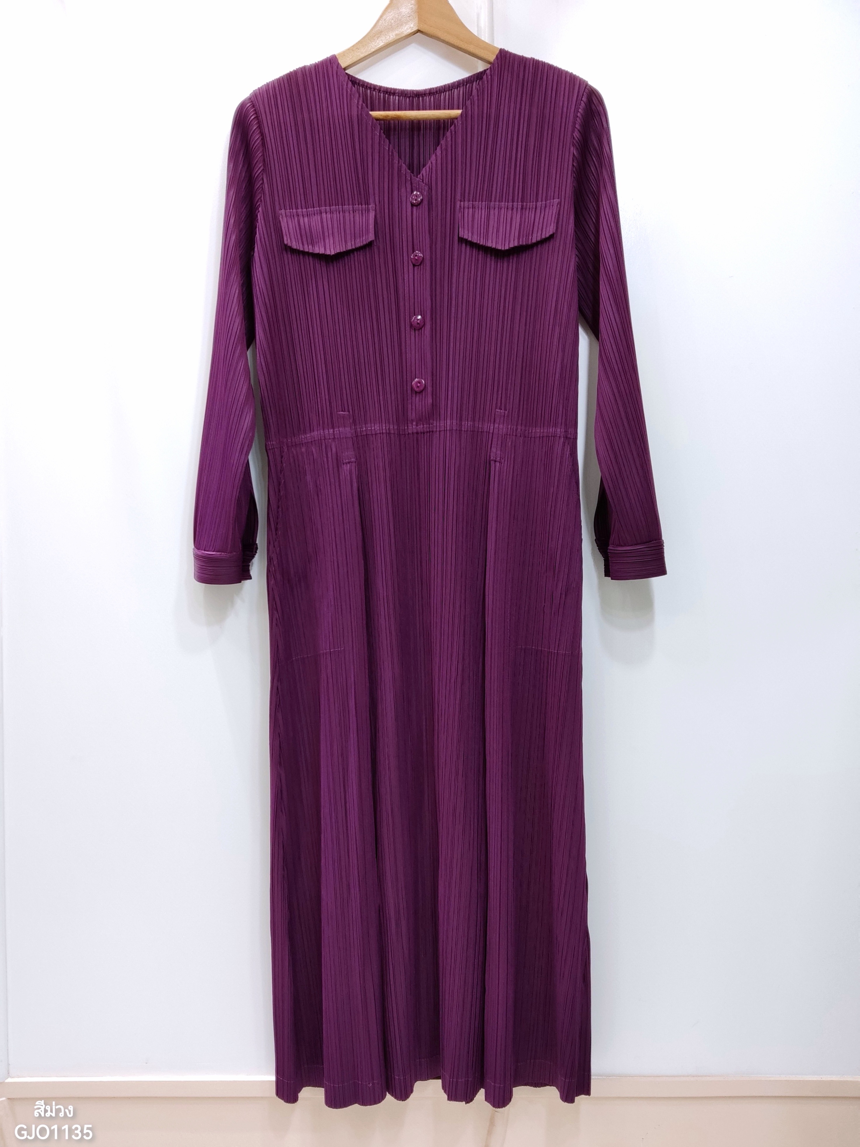 2MUAY รุ่น GJO1135 เดรสพลีทคุณภาพ V NECK LONG SLEEVE PLEATED DRESS 8 สี FREE SIZE