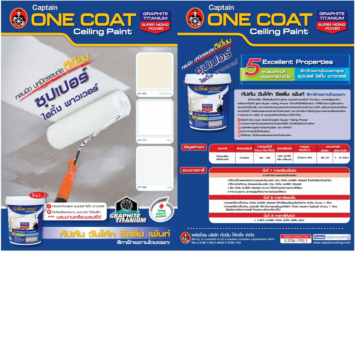 สีทาฝ้า กัปตัน วันโค้ท เหมาะสำหรับทาฝ้าเพดานภายในอาคารโดยเฉพาะ ฟิล์มสีชนิดด้านพิเศษ ขนาด 3.785 ลิตร