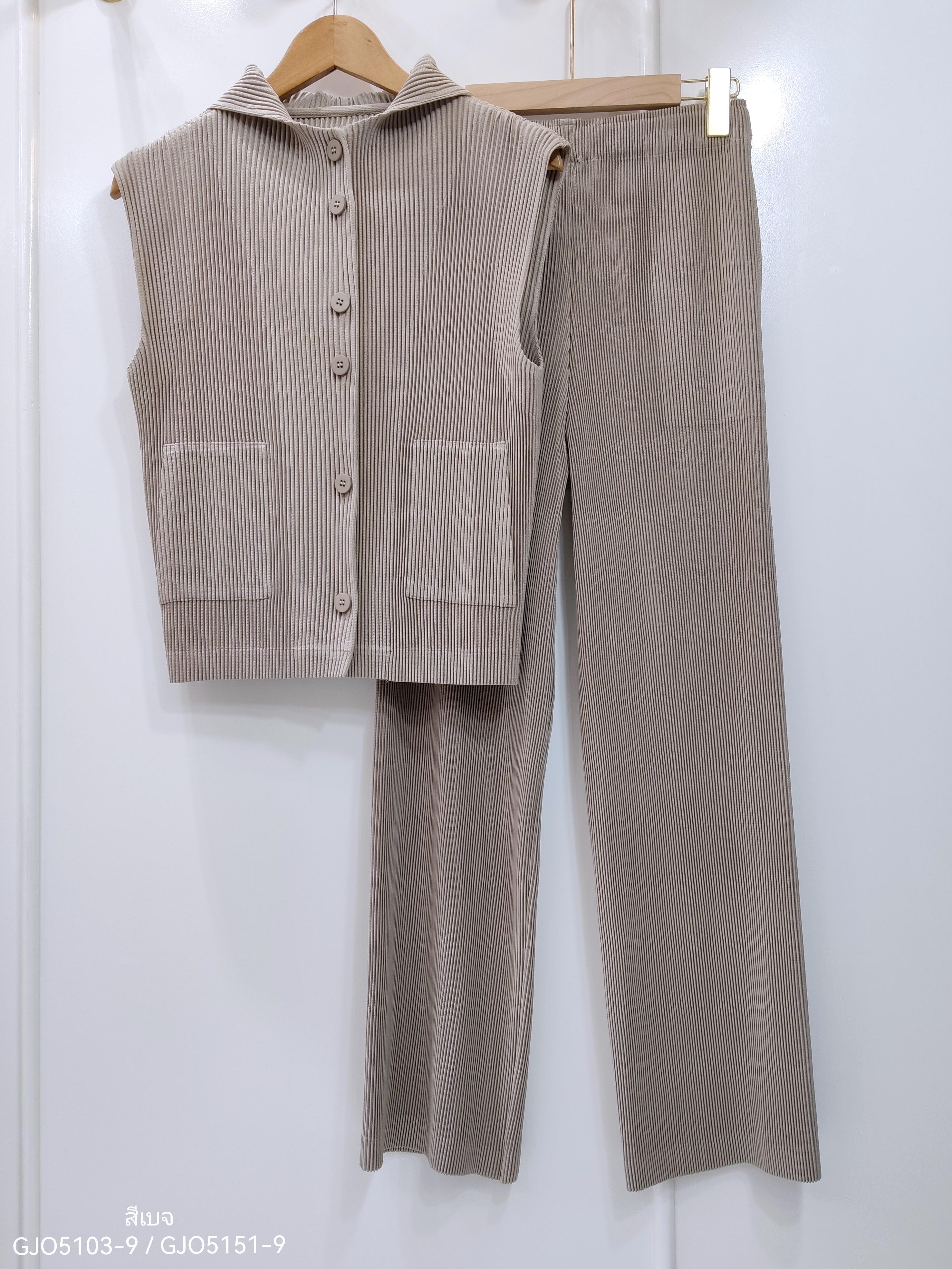 2MUAY รุ่น GJO5103-9 / GJO5151-9 เซ็ตพลีทคุณภาพ THICK SLEEVELESS HOODED TOP WITH PANT PLEATED SET 8สี FREE SIZE