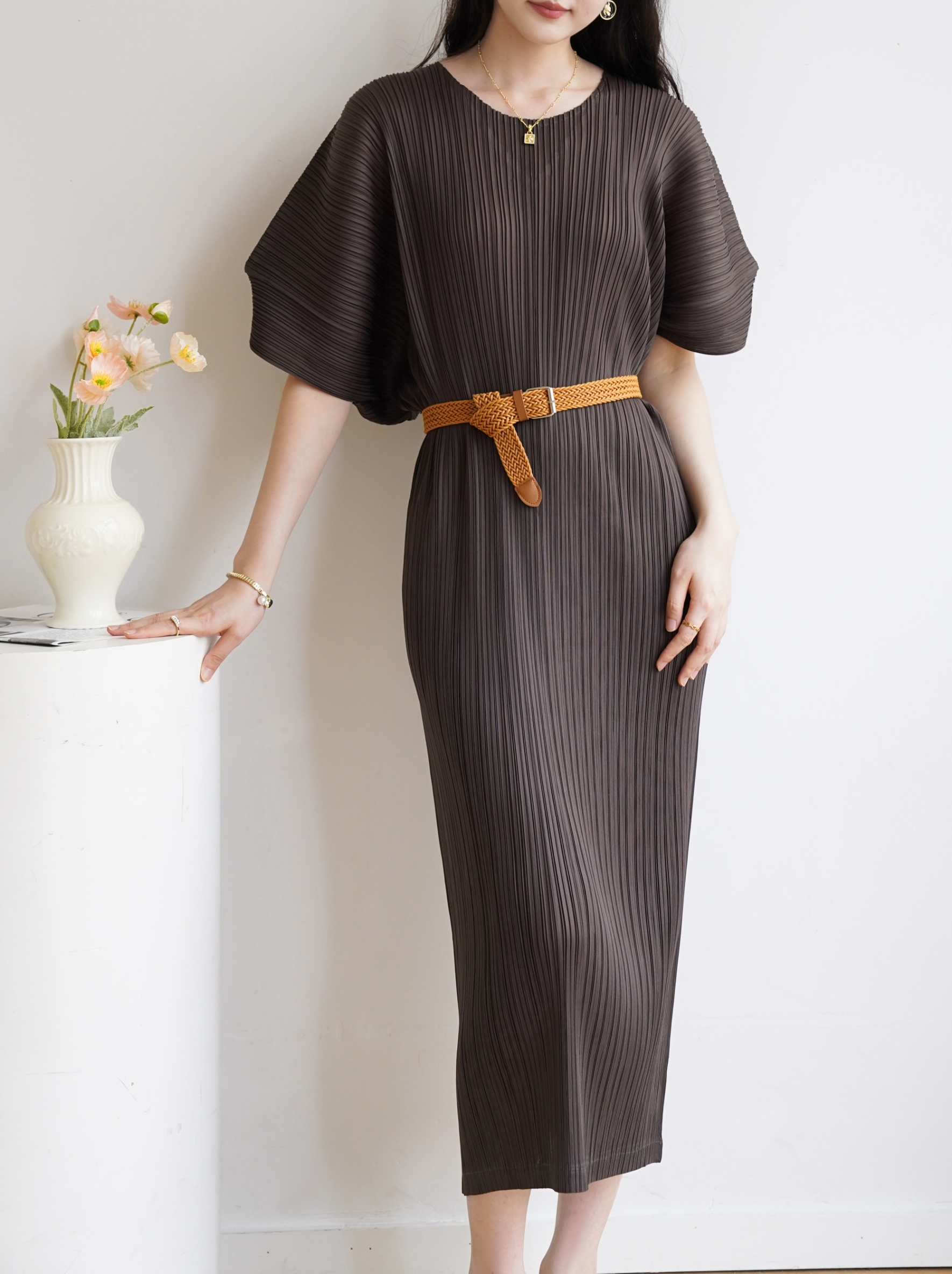 2MUAY รุ่น GJO1408 เดรสพลีทคุณภาพ SHORT SLEEVE V NECK PLEATED DRESS 10 สี FREE SIZE