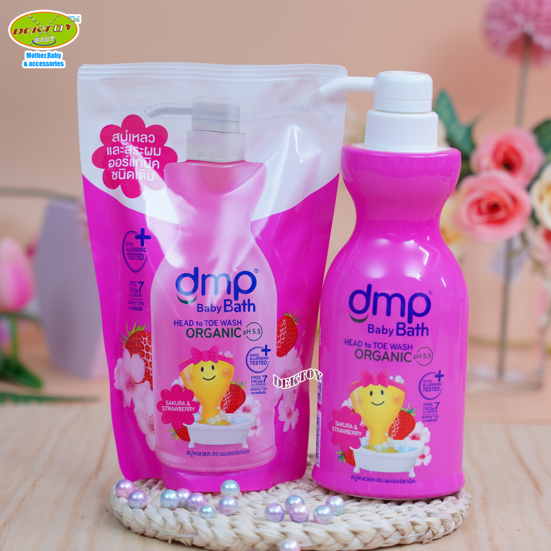 DMP Dermaporn สบู่อาบน้ำ ออร์แกนิค เบบี้บาธ ซากุระ & สตรอว์เบอร์รี่ สีชมพูเข้ม 480 มล. แถมถุงเติม 250 มล.