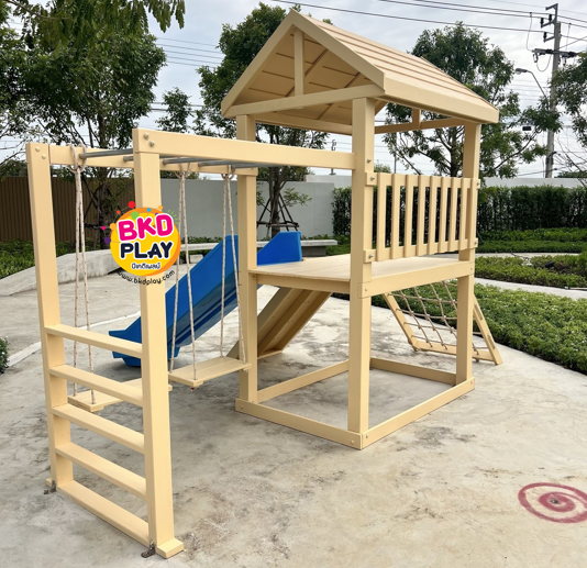 เครื่องเล่นสนามไม้ ชุด K ปีนป่ายเชือก ,ชิงช้า ,ปีนหน้าผา ปีนป่ายไม้ เครื่องเล่นสนามกลางแจ้ง ไม้เนื้อแข็ง สั่งทำสีที่ต้องการได้ wood playground