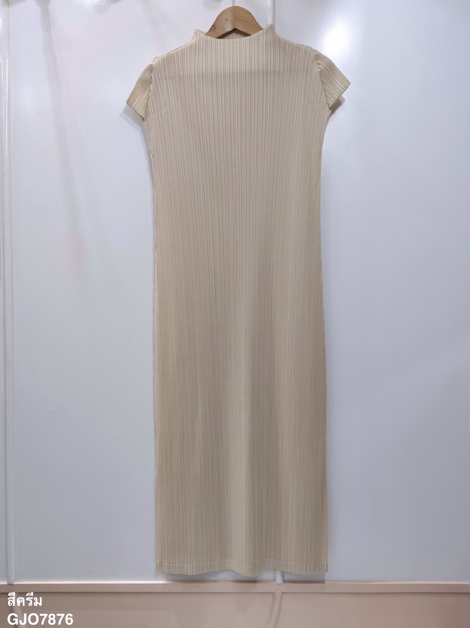 2MUAY GJO7876 เดรสพลีทคุณภาพ HIGH NECK CAP SLEEVE PLEAT DRESS 10 สี FREE SIZE
