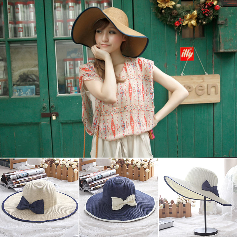 หมวกปีกกว้างกันแดด หมวกสานปีกกว้างกุ๊นขอบ แต่งโบว์ติดหมวก (มี 4 สี)