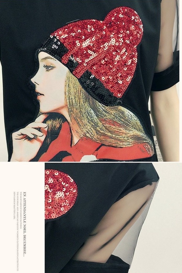 เดรสแฟชั่น แขนซีทรู ลายตามแบบ สีดำ