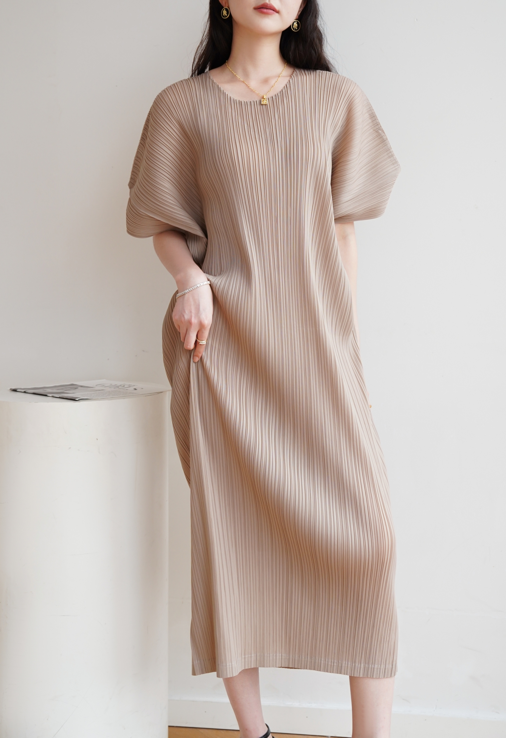 2MUAY รุ่น GJO1408 เดรสพลีทคุณภาพ SHORT SLEEVE V NECK PLEATED DRESS 10 สี FREE SIZE