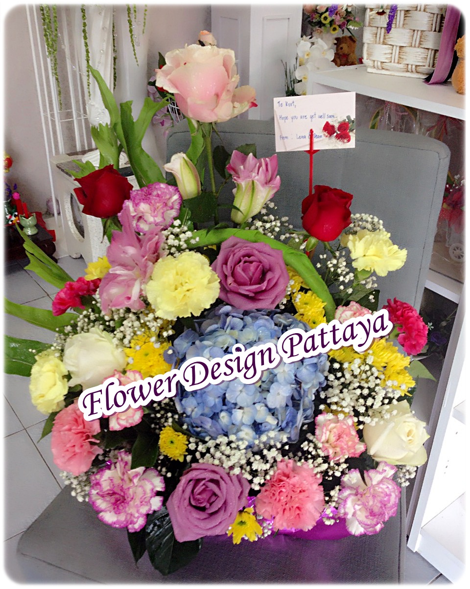 FDB-1504 กระเช้าดอกไฮเดรนเยีย+กุหลาบนอก