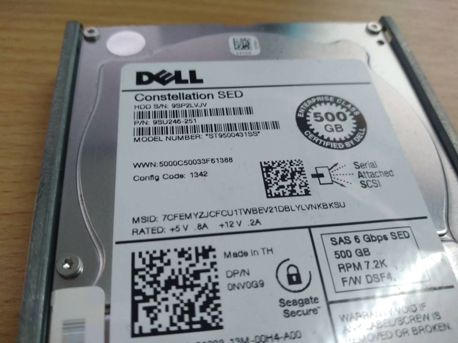 Dell NV0G9 500GB 7.2K 6Gbps SED SAS 2.5" Hard Drive 0NV0G9 Seagate ST9500431SS พร้อม tray