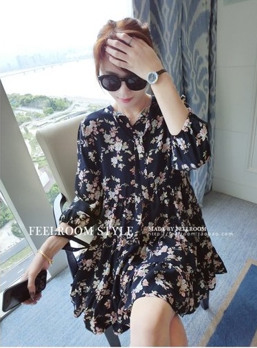 เดรสแฟชั่นเกาหลี ผ้านิ่มพิมพ์ลายดอกตามแบบ