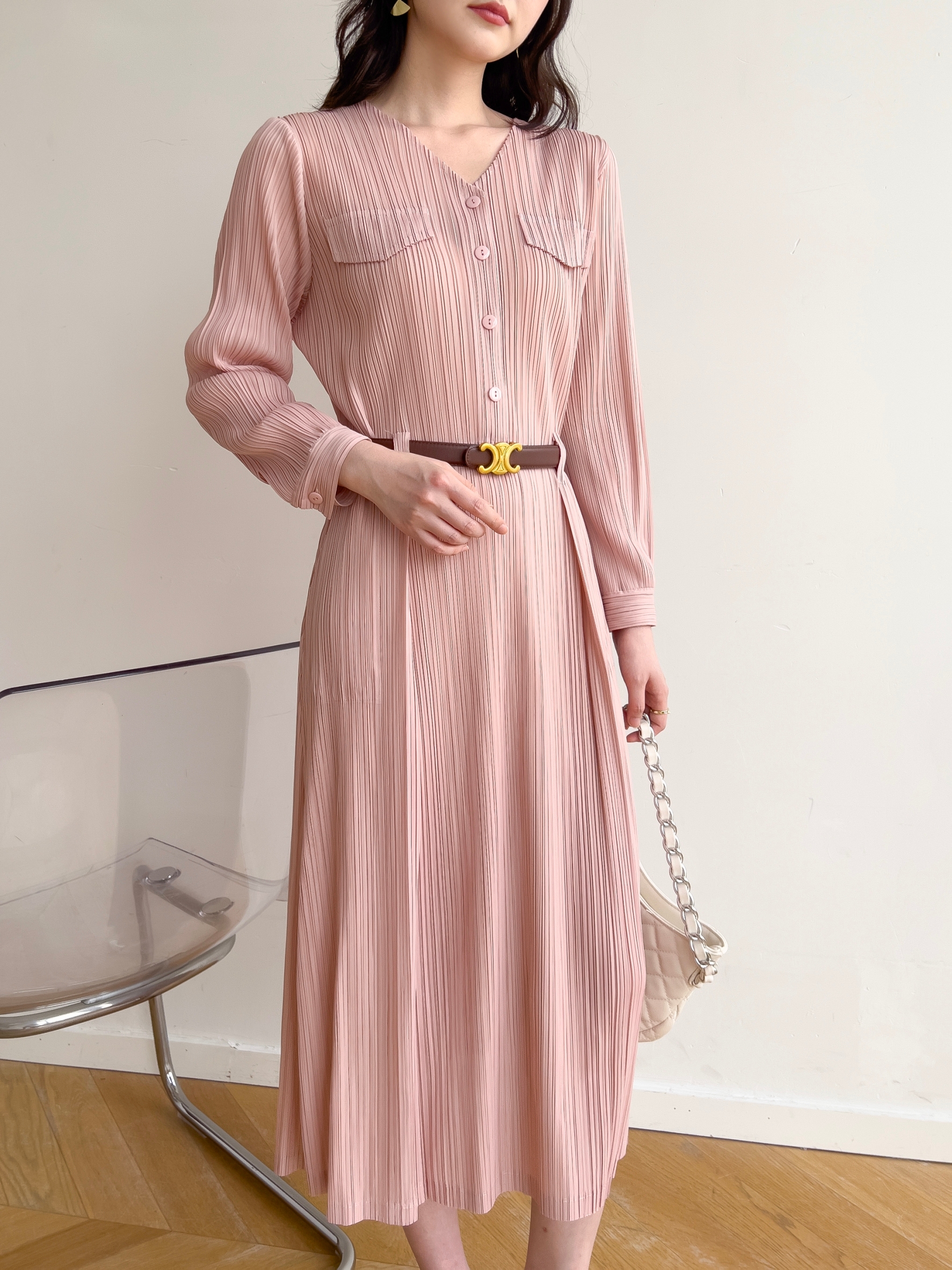 2MUAY รุ่น GJO1135 เดรสพลีทคุณภาพ V NECK LONG SLEEVE PLEATED DRESS 8 สี FREE SIZE