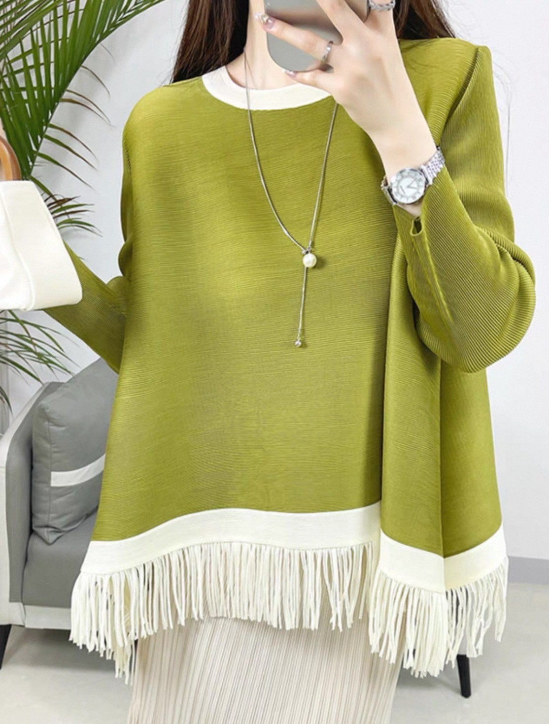 2MUAY รุ่น PP62705 เสื้ออัดพลีท TWO TONE FRINGE PLEATED TOP 4 สี FREE SIZE