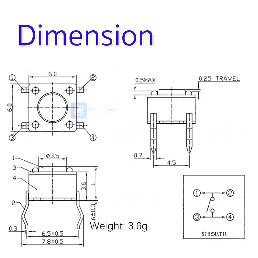 [20ชิ้น] Panel PCB Momentary Tact Push Button Switch 4 Pin DIP Tactile switch 6x6x4.3mm/6x6x5mm/6x6x6mm