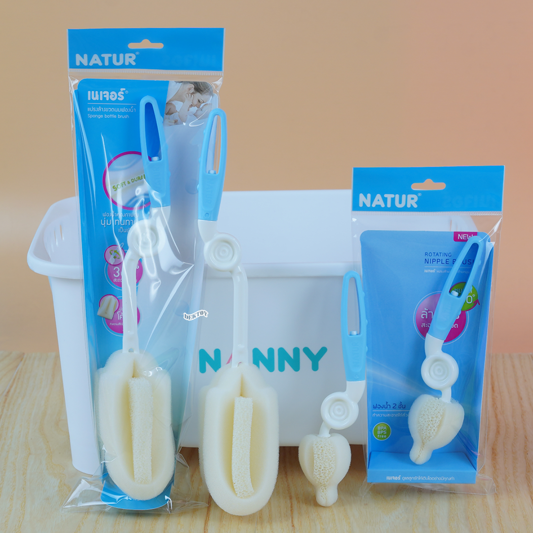 Natur เนเจอร์ แปรงล้างขวดนมและจุกนมฟองน้ำคอกว้าง ด้ามหมุน 360˚ 80197+86107