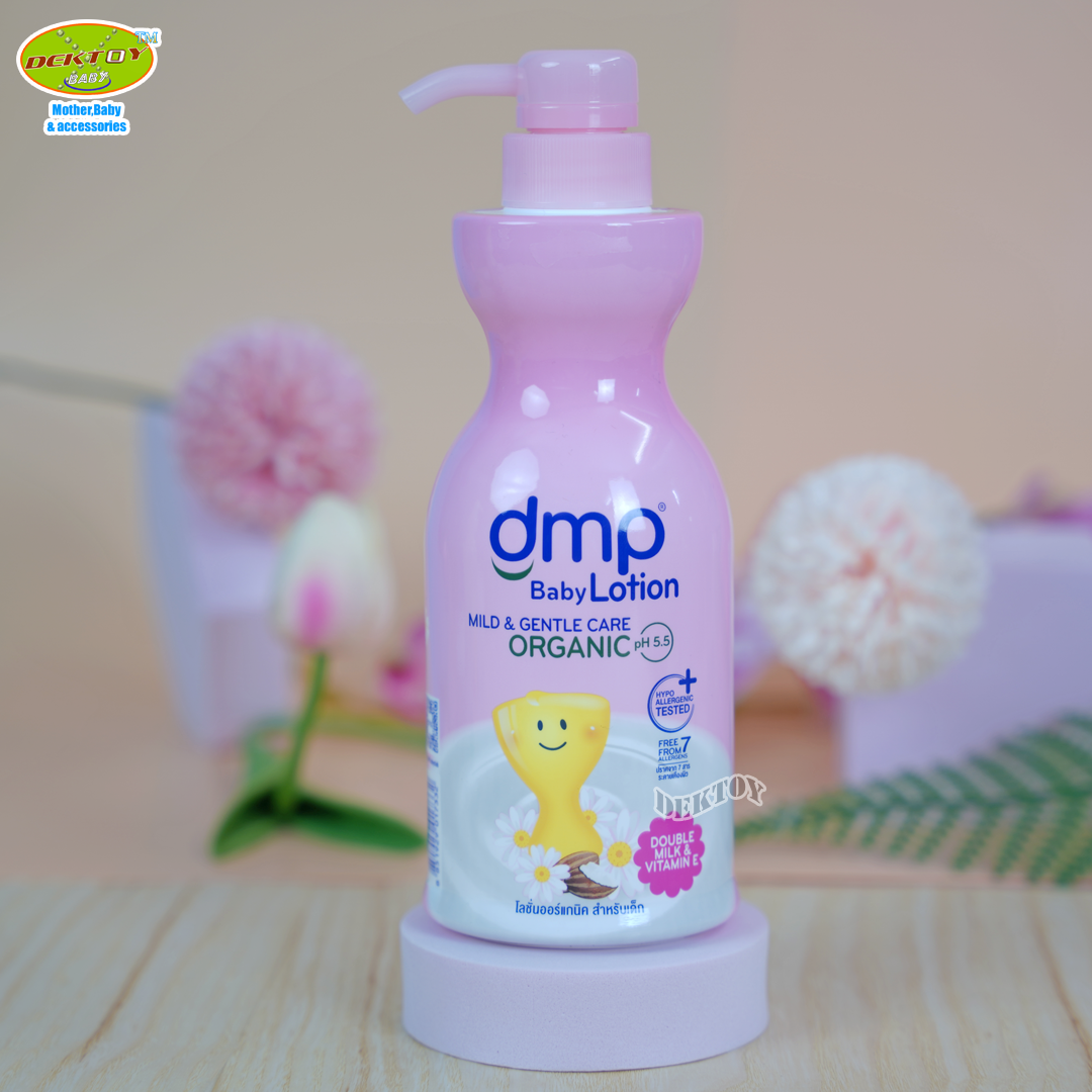DMP ดีเอ็มพี ดับเบิ้ลมิลค์ แอนด์ วิตามินอี โลชั่นบำรุงผิวกาย ออร์แกนิค พีเอช 5.5 สำหรับเด็ก 480 แถม 200 มล.สีชมพู