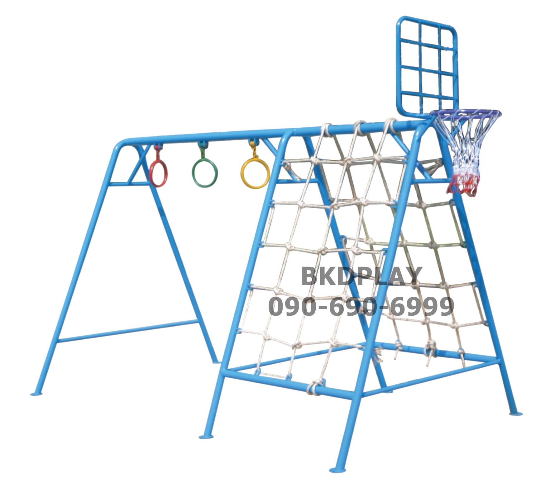 เครื่องเล่นสนามเหล็ก ชุดรวมF ปีนป่ายเชือกถักบาร์โหนแป้นบาส OutdoorPlayground, เครื่องเล่นสนามกลางแจ้ง ราคาโรงงาน สินค้า สั่งผลิต 10-20 วัน ขนาด150 x 200 x 180 ซม.