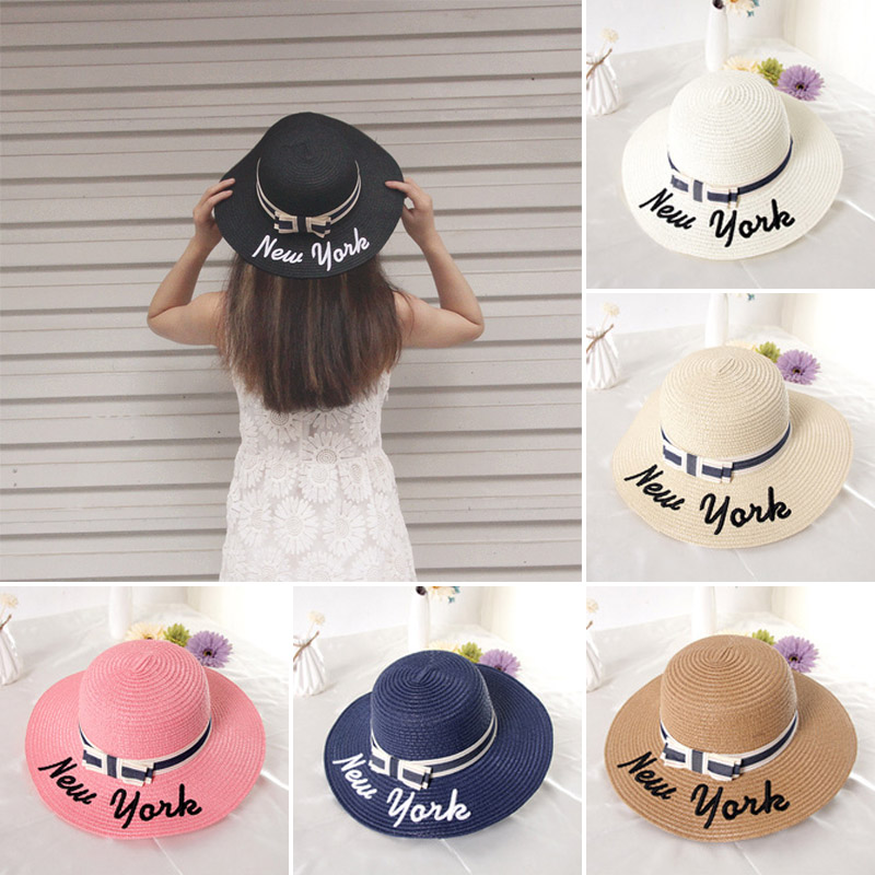 หมวกปีกกว้างกันแดด ปัก New York หมวกสานแน่น งานปักเรียบร้อย หมวกคาดโบว์สีทูโทน (มี 6 สี)