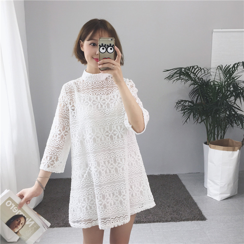 ชุดเดรสลูกไม้คอปิด ซิปซ่อนด้านหลัง ลายลูกไม้ตามแบบ มี 3 สี ดำ/เทา/ขาว