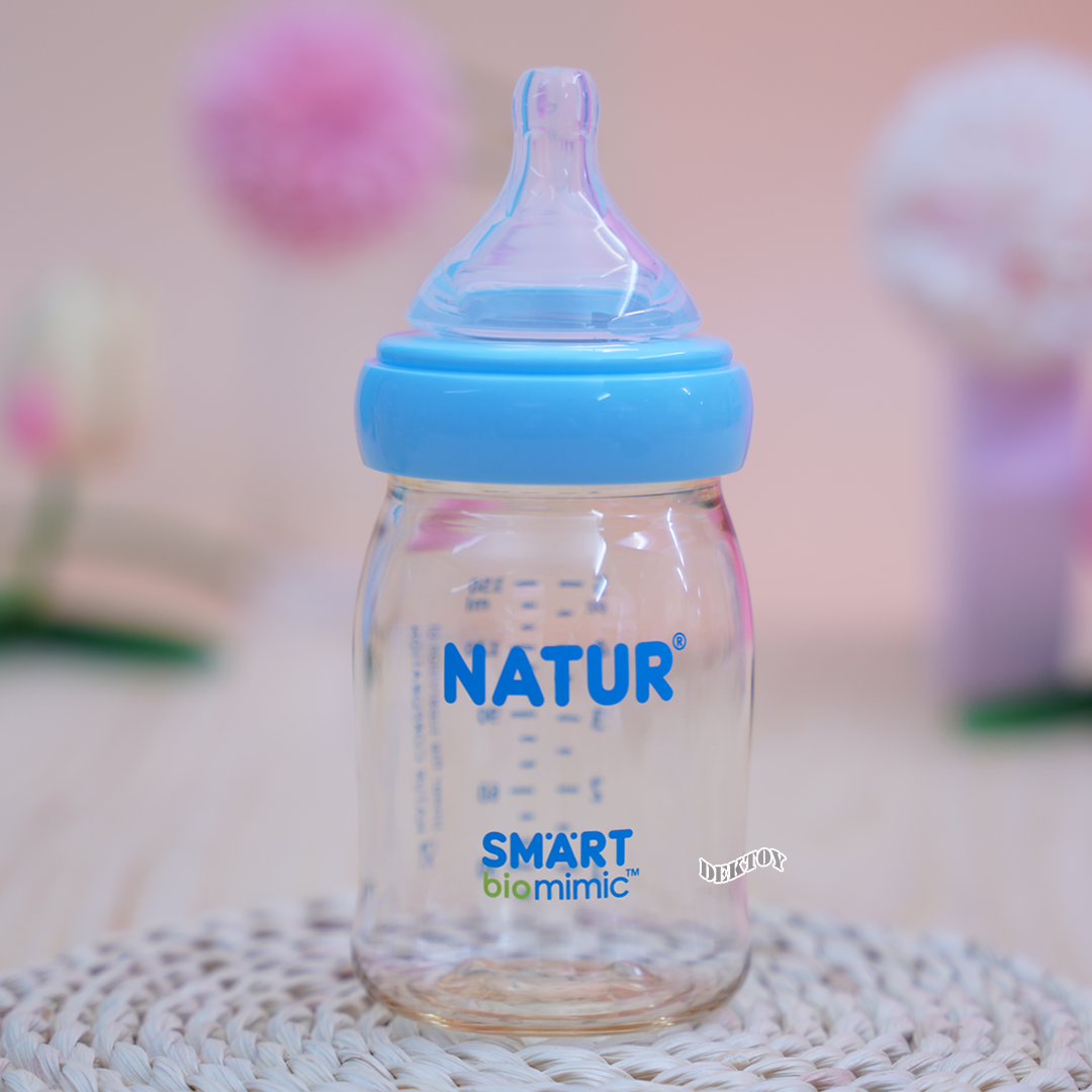 NEW-Natur เนเจอร์ ขวดนมเนเจอร์ไม่ดูด ไม่ไหล คอกว้างสมาร์ทไบโอมิมิคสีชาPES 5 ออนซ์