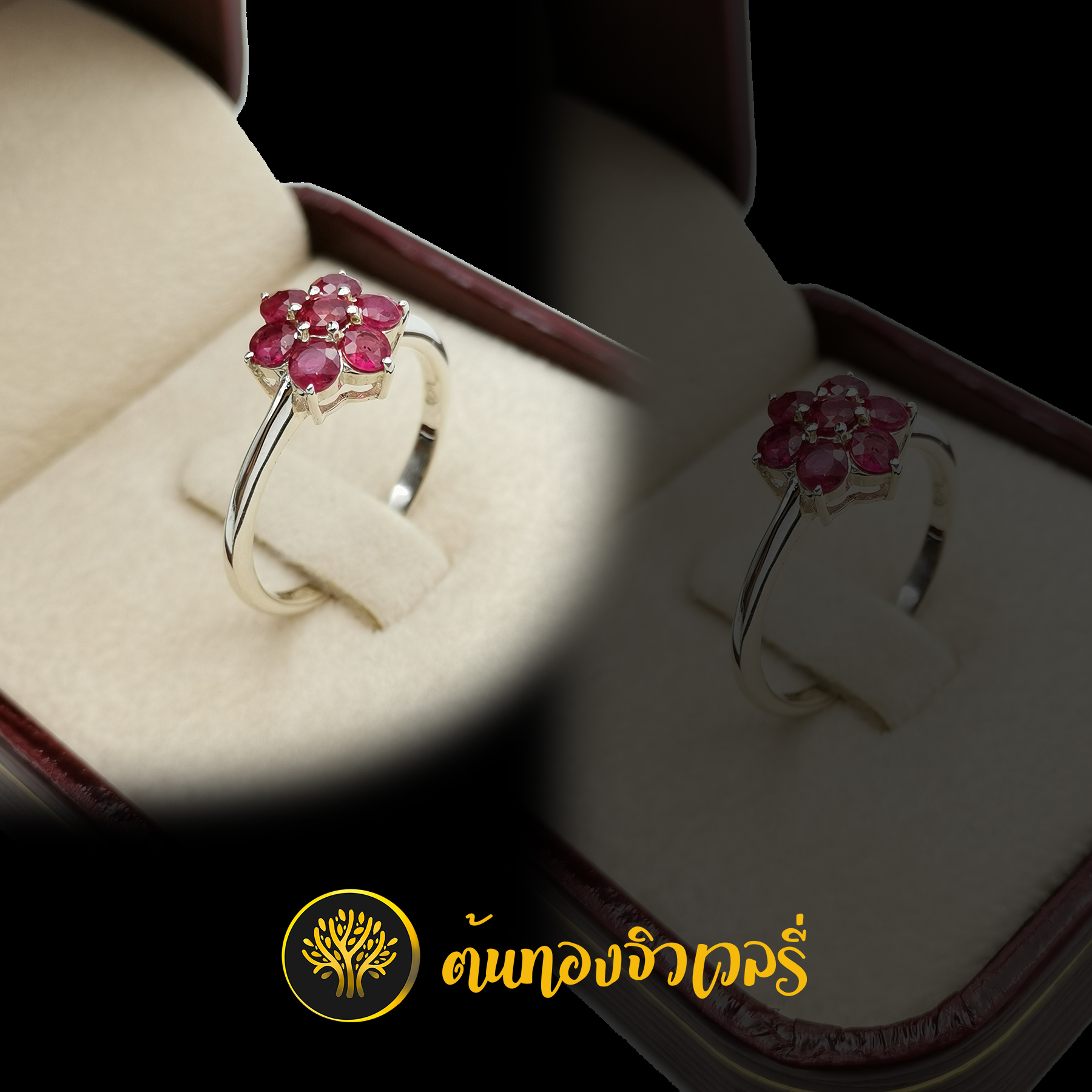 แหวนเงินพลอยทับทิม ฝังเป็นรูปดอกไม้