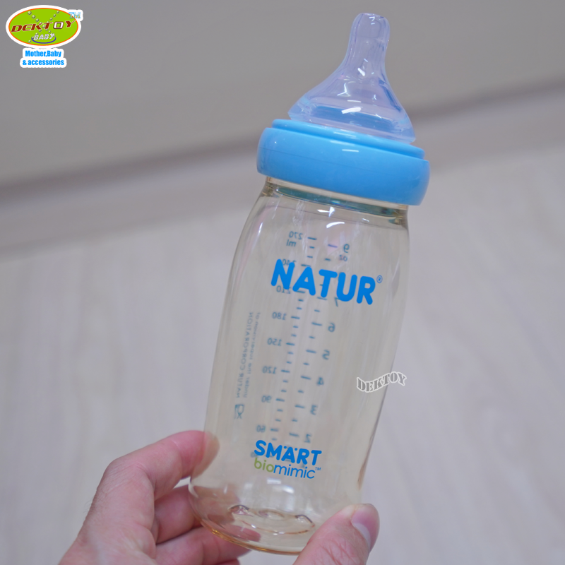 NEW-Natur เนเจอร์ ขวดนมเนเจอร์ไม่ดูด ไม่ไหล คอกว้างสมาร์ทไบโอมิมิคสีชาPES 9 ออนซ์ แพ็ก1ขวด