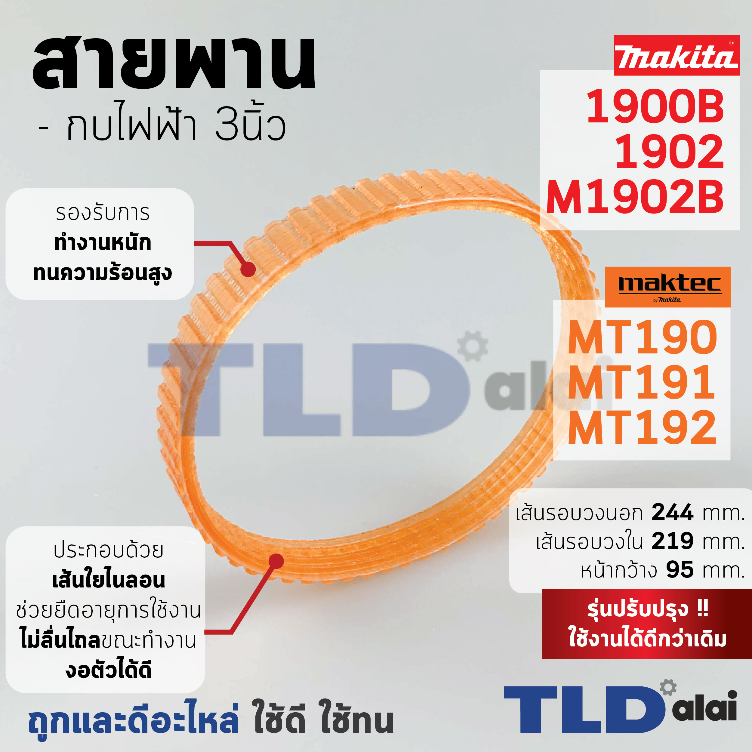 สายพาน กบไฟฟ้า Makita มากีต้า รุ่น 1900B, 1902, M1902B, KP0800, KP0800C - Maktec มาคเทค รุ่น MT190, MT191, MT192 เส้นรอบวงนอก 244mm. ใน 219mm. หน้ากว้าง 9.5mm.