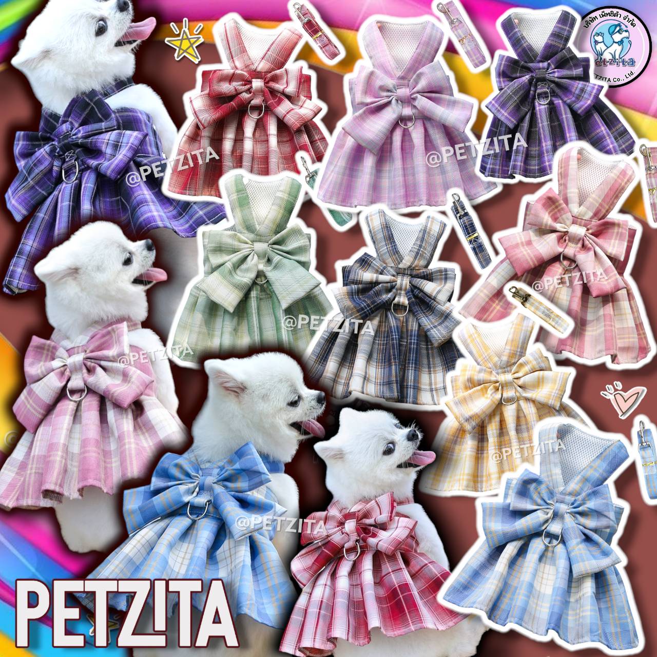 🇹🇭พร้อมส่ง🇹🇭💗 เดรสลายสก๊อต มีห่วงสายจูง น่ารักสุดๆ for pet เสื้อผ้าสัตว์เลี้ยง สุนัข หมา แมว