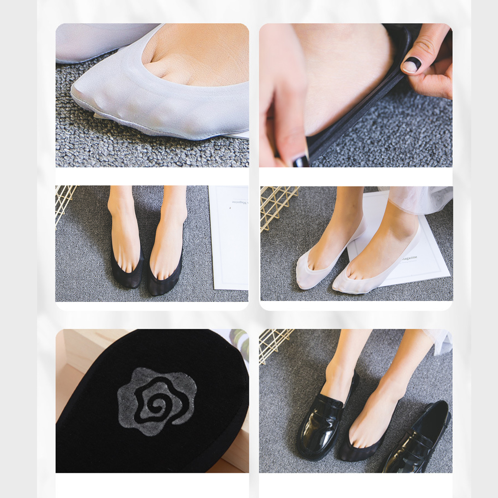 ถุงเท้าผู้หญิง ซ่อนขอบ ลายกุหลาบ 1คู่(2ข้าง) มีซิลิโคนกันลื่น กันหลุด ถุงเท้าข้อเว้า ผ้าฝ้าย 95.3% ลดกลิ่นอับ