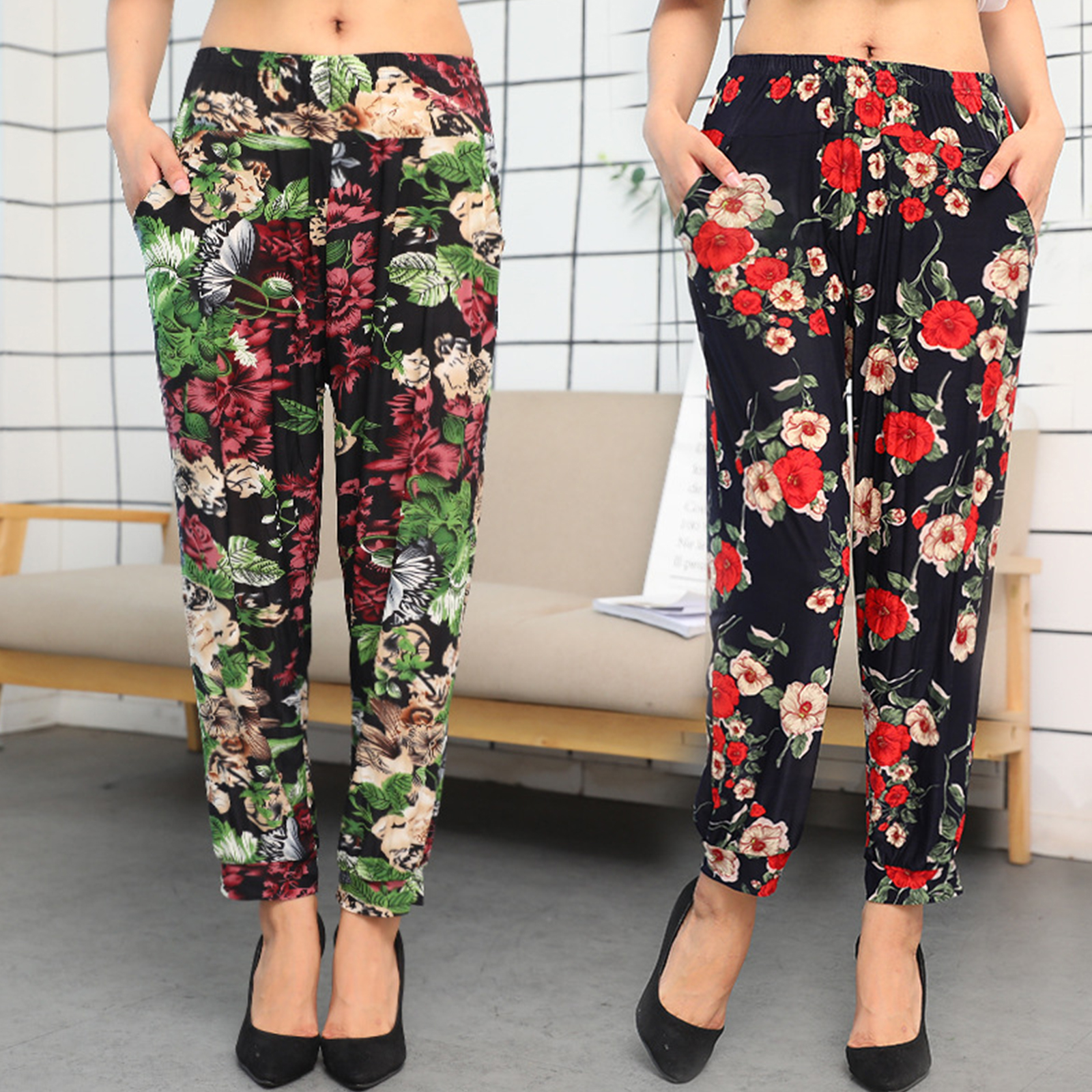 🔥Sale ลดราคา🔥 กางเกงขายาวผู้หญิง 9ส่วน ผ้านิ่ม พิมพ์ลายสวยงาม ผ้าฝ้าย นุ่ม ใส่สบาย ระบายอากาศได้ดี