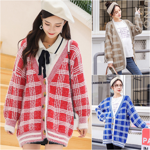 [SALE] Premium Cardigan เสื้อคลุมไหมพรมขนนุ่ม คอวี ถักลายตาราง-12276