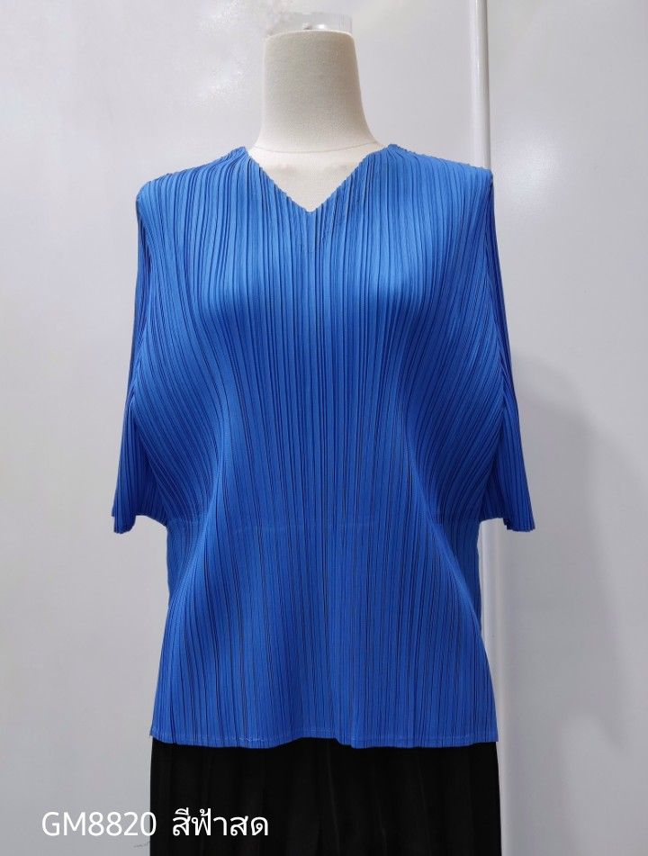 อกถึง42! 2MUAY GM8820 เสื้ออัดพลีทคอวีแขนสั้น ผ่าชายข้าง V NECK SHORT SLEEVE PLEATED TOP 15 สี FREE SIZE