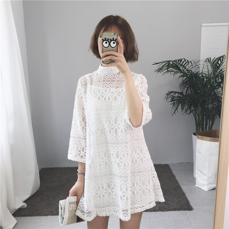 ชุดเดรสลูกไม้คอปิด ซิปซ่อนด้านหลัง ลายลูกไม้ตามแบบ มี 3 สี ดำ/เทา/ขาว