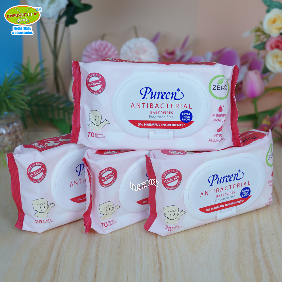 4ห่อ Pureen เพียวรีน ทิชชู่เปียก เบบี้ไวพส์ แอนตี้แบคทีเรียล 70 ชิ้น