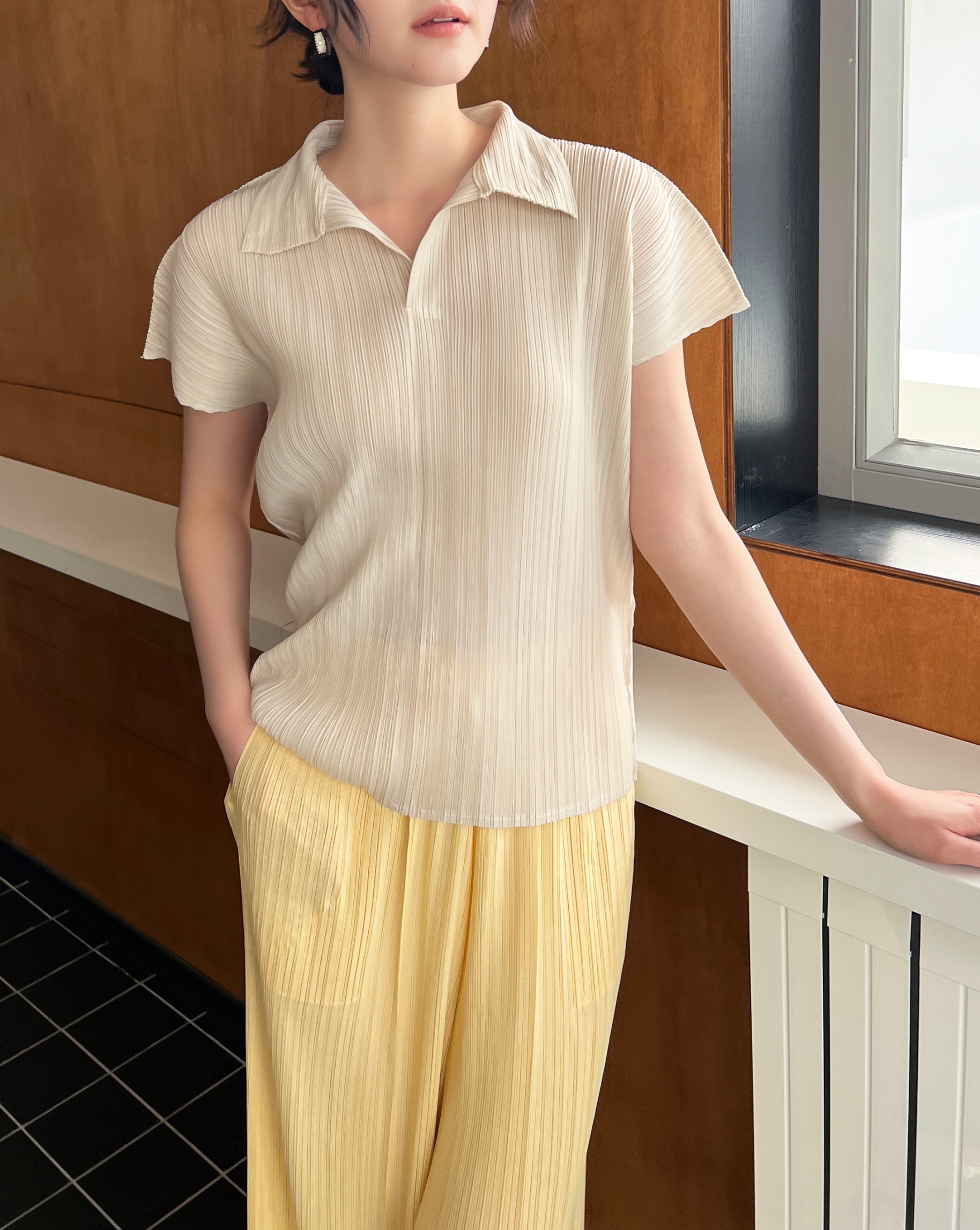 2MUAY รุ่น GJO3969 เสื้ออัดพลีทคุณภาพ BAT SLEEVE COLLAR PLEATED TOP 8 สี FREE SIZE