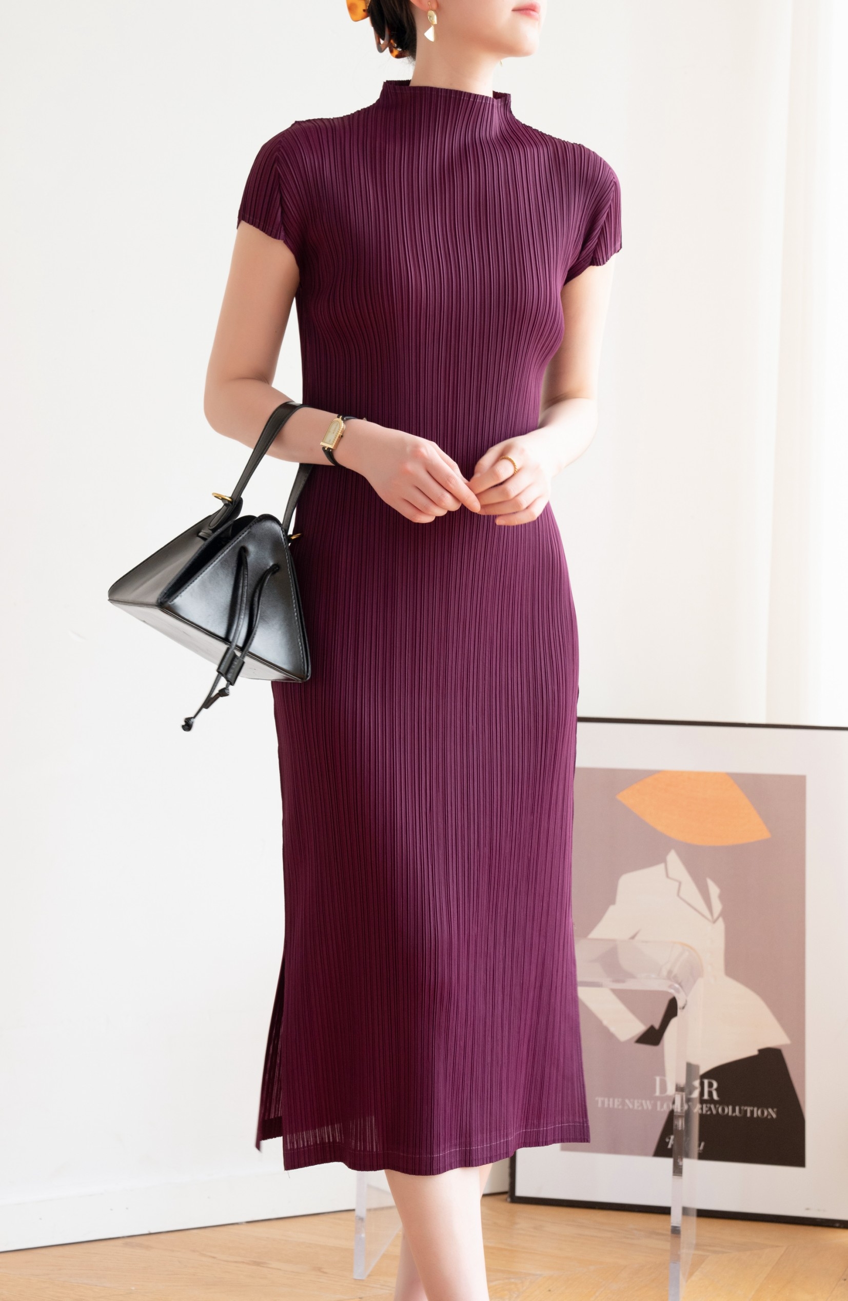 2MUAY GJO7876 เดรสพลีทคุณภาพ HIGH NECK CAP SLEEVE PLEAT DRESS 10 สี FREE SIZE