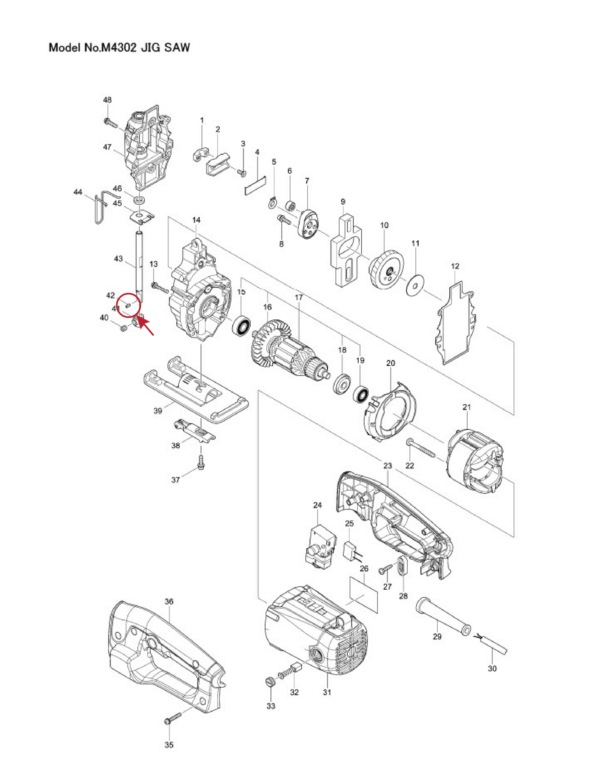 สลักล็อคปากจับ (แท้) เลื่อยจิ๊กซอว์ Makita มากีต้า รุ่น M4302, M4302B - Maktec มาคเทค รุ่น MT430 #42 (258002-2) (อะไหล่แท้ 100%) สลักล็อกปากจับ สำเนา
