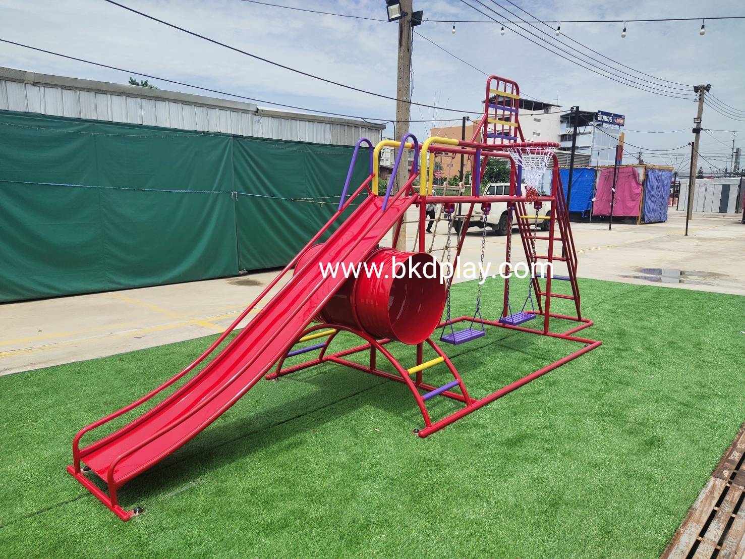 ชุดรวม E เชือกถักใหญ่ ประกอบด้วยสไลเดอร์ชิงช้าปีนป่ายแป้นบาสและถังลอดถ้ำ กระดานลื่นเหล็ก เครื่องเล่นสนามกลางแจ้ง เครื่องเล่นสนามเหล็ก OutdoorPlayground,ผลิตเครื่องเล่นสนาม,เครื่องเล่นในสนามเด็กเล่น,เครื่องเล่นงบสพฐ.,ประชารัฐ, ราคาโรงงาน