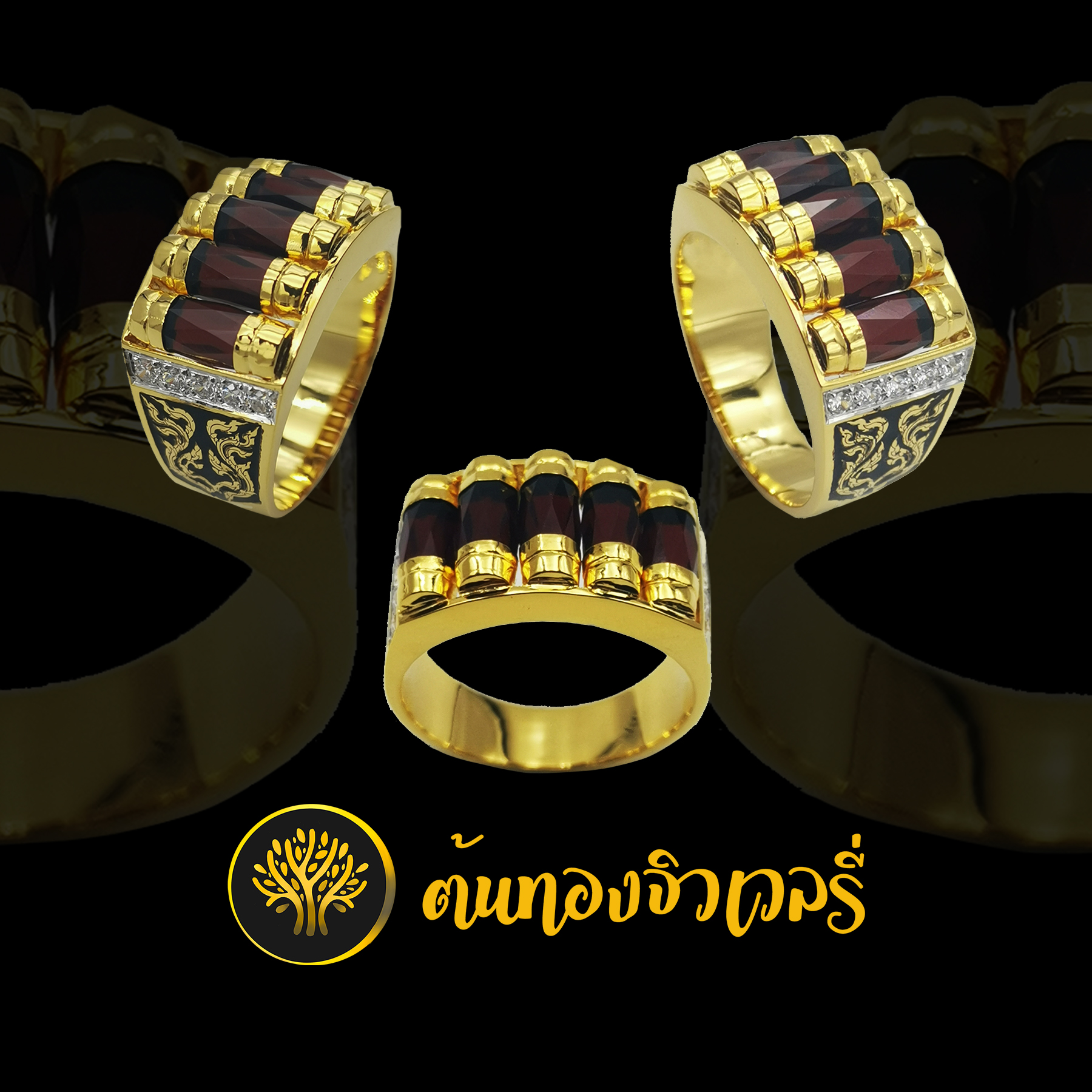 แหวนโกเมนชาย โกเมน5เม็ด ข้างเลเซอร์