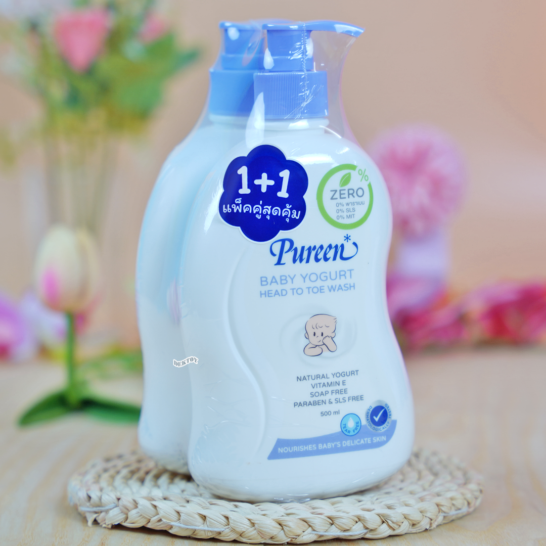 1 ฟรี1 PUREEN เพียวรีน เบบี้ โยเกิร์ต เฮดทูโทวอช สบู่เหลวเพียวรีนอาบและสระ 500 มล.หัวปั๊ม