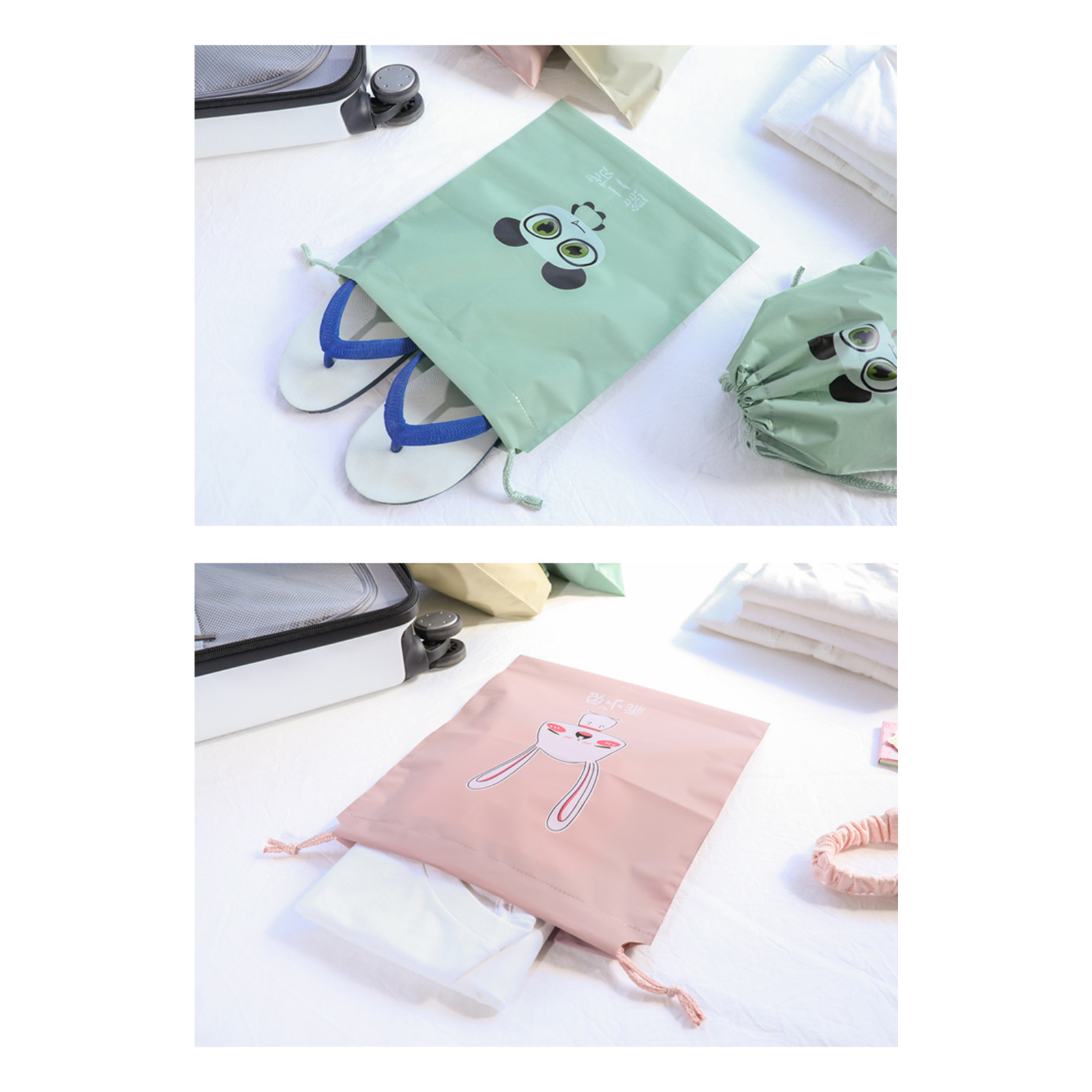 ถุงผูกเชือก Set-1 ผ้าผสมพลาสติก พิมพ์ลาย ถุงใส่ของ เครื่องสำอาง รองเท้า กันน้ำ จัดระเบียบกระเป๋าเดินทาง พกพาสะดวก