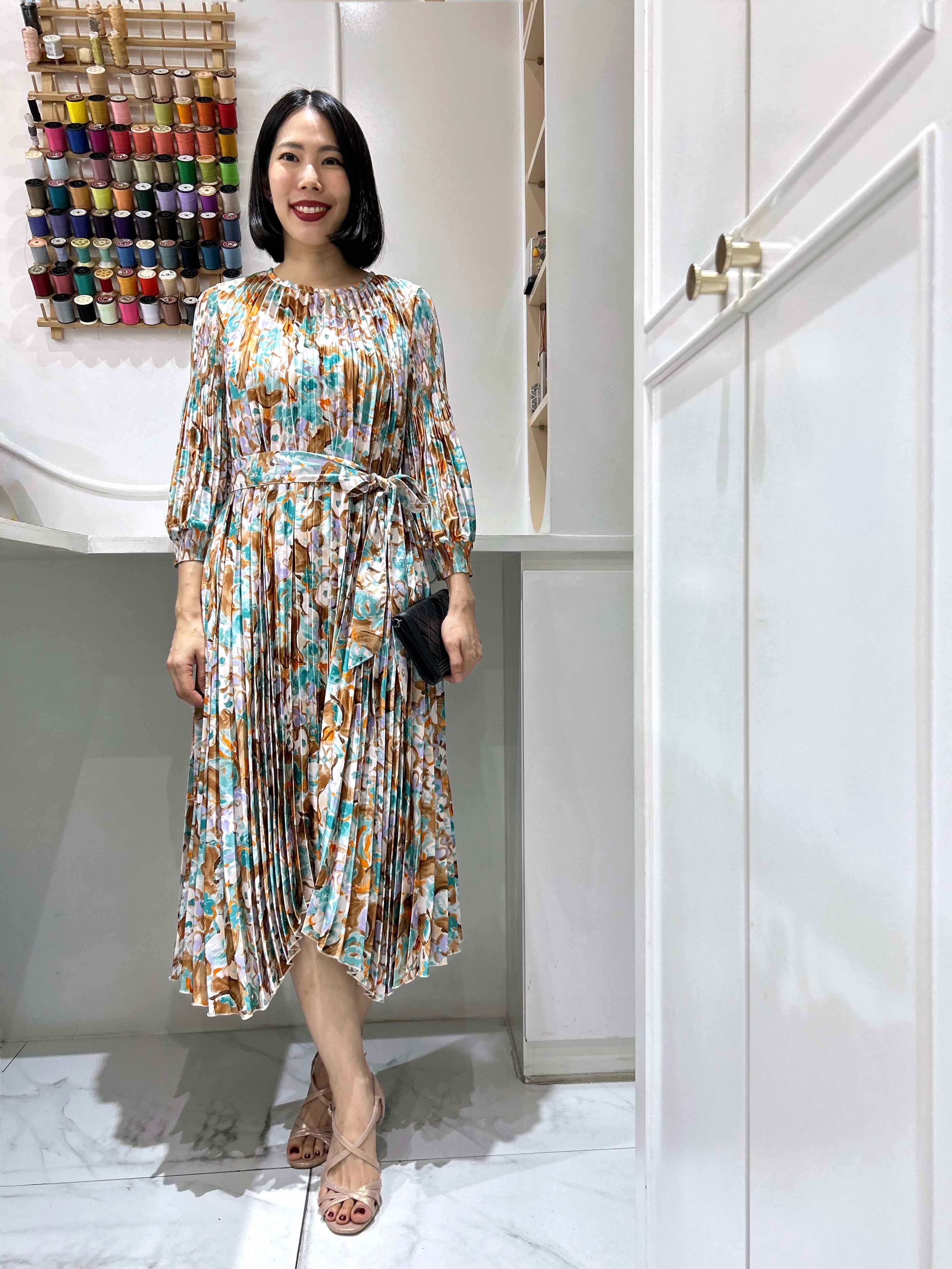 2MUAY รุ่น GA91040 เดรสอัดพลีท LONGSLEEVE SATIN PRINTED PLEATED DRESS 10 สี FREE SIZE