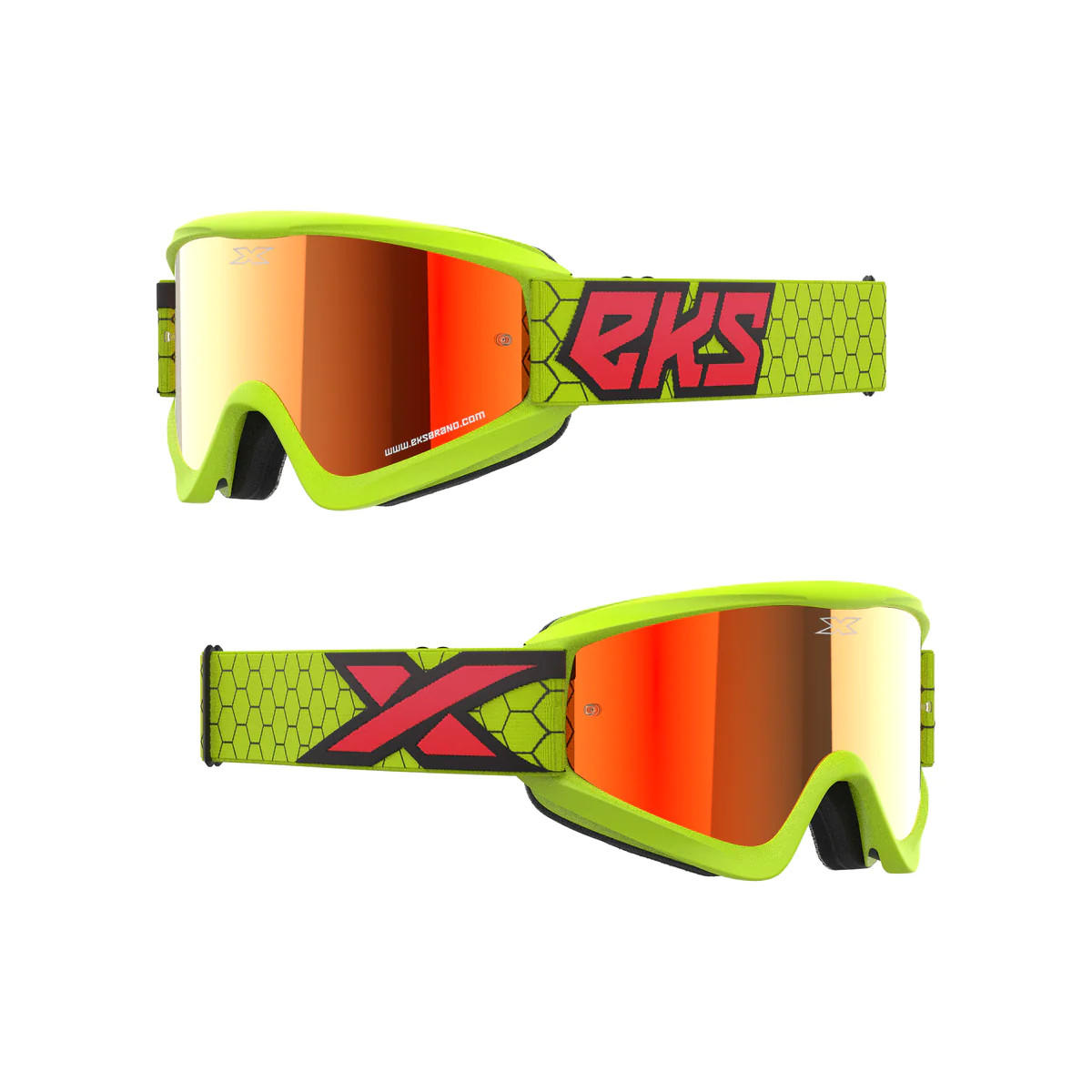 แว่น EKS Brand GOX Flat-Out Mirror Goggle Flo Yellow, Black, Fire Red - Red Mirror Lens