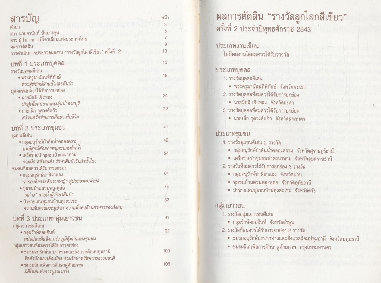 งานเขียน บุคคล ชุมชน กลุ่มเยาวชน สร้างสรรค์ด้านการอนุรักษ์และฟื้นฟูทรัพยากรป่าไม้ รางวัลลูกโลกสีเขียว ครั้งที่2