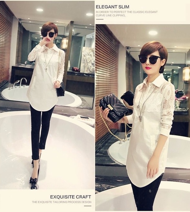 เสื้อเชิ๊ตตัวยาว ผ้าฝ้ายเรียบสีขาว แขนยาว ผ้าฝ้ายเนื้อนิ่ม ช่วงอกและแขนตัดต่อลูกไม้ ลายตามแบบ