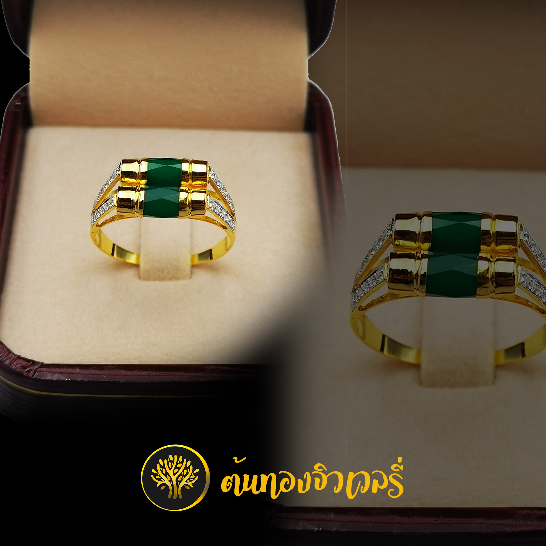 แหวนโมรา2เม็ด ก้านแยกฝังเพชร สีเขียวเหนี่ยวทรัพย์ สวยจับใจแน่นอนครับ 