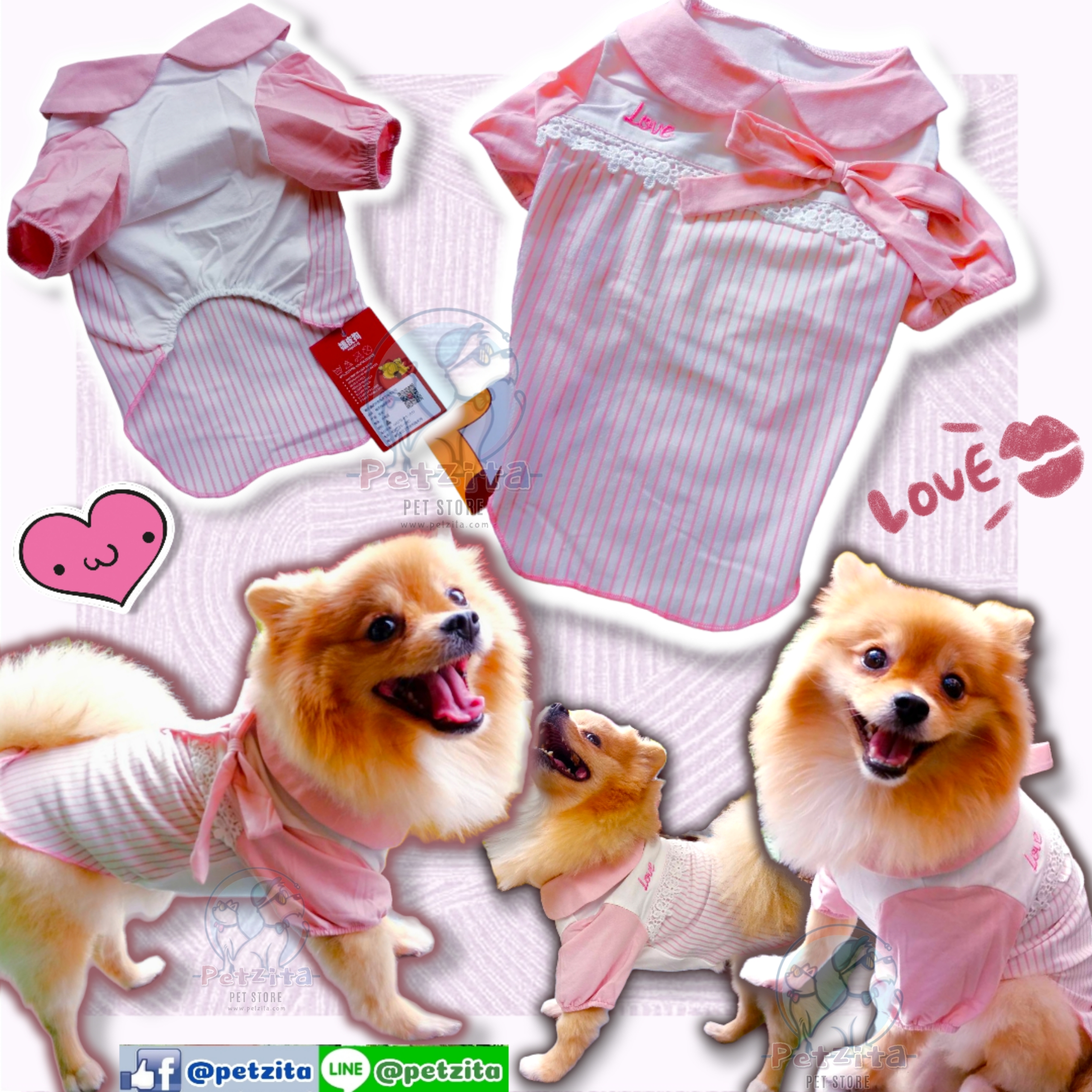🇹🇭พร้อมส่ง🇹🇭 เสื้อโทนสีชมพูอ่อนลายทางคอบัวแต่งโบว์ หวานแหววน่ารักสุดๆ งานป้ายแบรนด์ 💗 ~ เสื้อสุนัข เสื้อหมา เสื้อแมว สำเนา