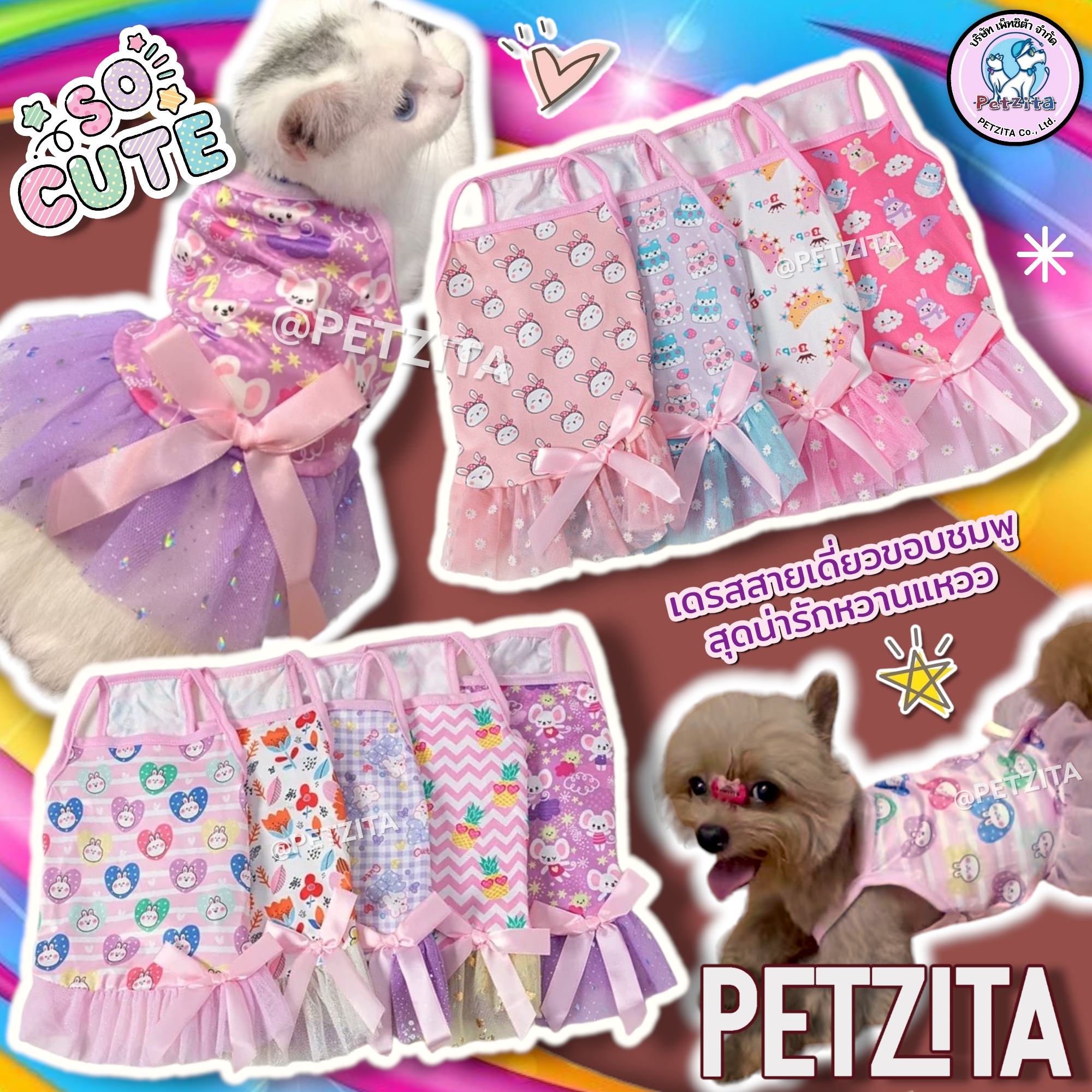 🇹🇭พร้อมส่ง🇹🇭 🌸🩷💕เดรสสายเดี่ยวขอบชมพู น่ารัก แต่งระบายชีฟอง ติดโบว์ FOR PET เสื้อผ้าสัตว์เลี้ยง สุนัข หมา แมว